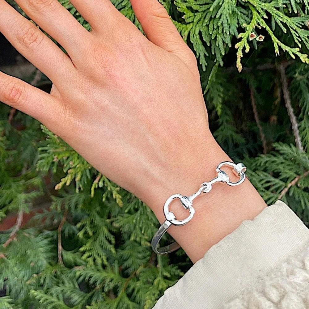 Sterling Silver HorseBit Design Unisex Bangle Bracelet - Picture 6 of 11